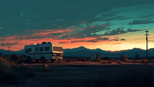 Desert camper at dusk under teal sky and ember horizon.