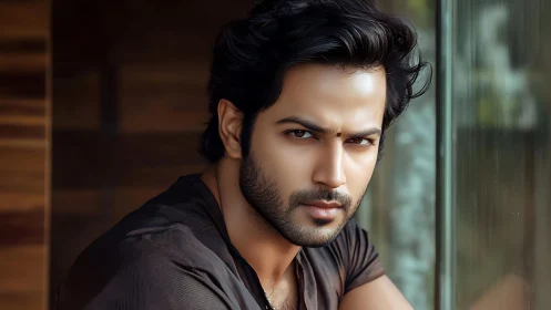 Intense portrait highlights sharp gaze near window light.