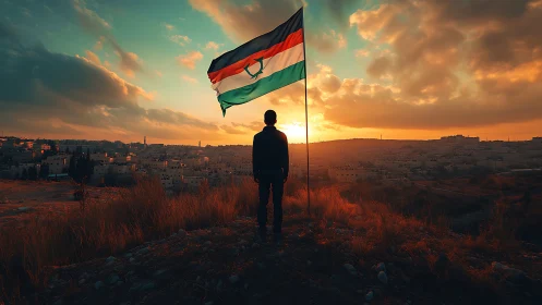 Backlit silhouette studies flag dynamics over sunset urban sprawl