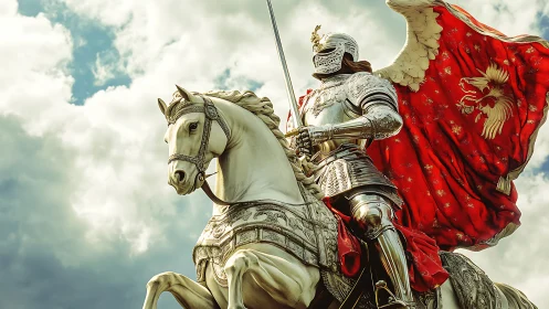 Armored knight on horse with red heraldic cape outdoors.