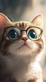 Whimsical Cat with Oversized Glasses and Golden Backlit Glow