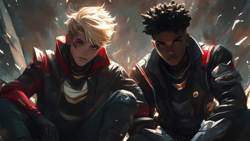 Futuristic duo sits in battle armor amid shattered light