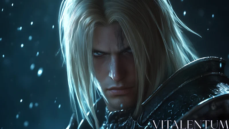 Brooding platinum-haired knight in wet plate armor, cinematic close-up