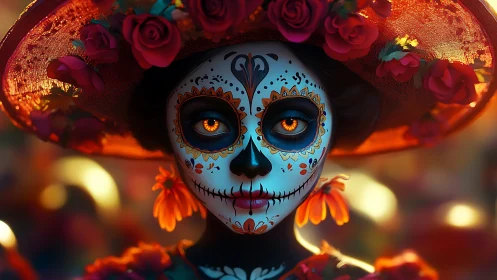 Female figure in sugar skull makeup with floral hat portrait.