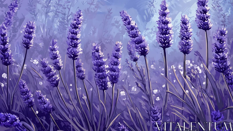 Lavender field glows under soft twilight brushstrokes.