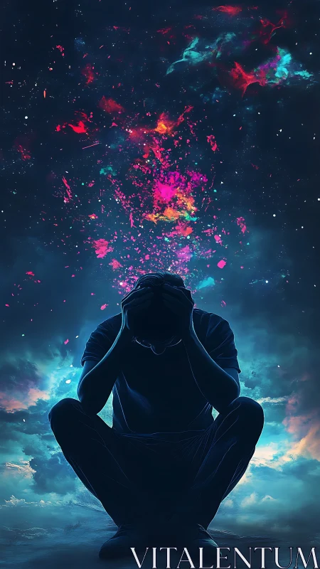 Silhouetted figure releases cosmic nebula from bowed head