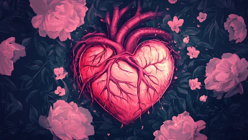 Anatomical Heart Illustration with Floral Background