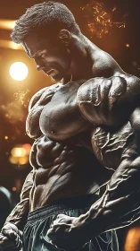 High-contrast male bodybuilder profile under cinematic rim light