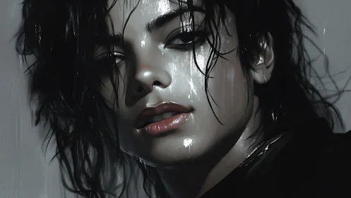 Moody digital portrait with wet hair and glossy skin.