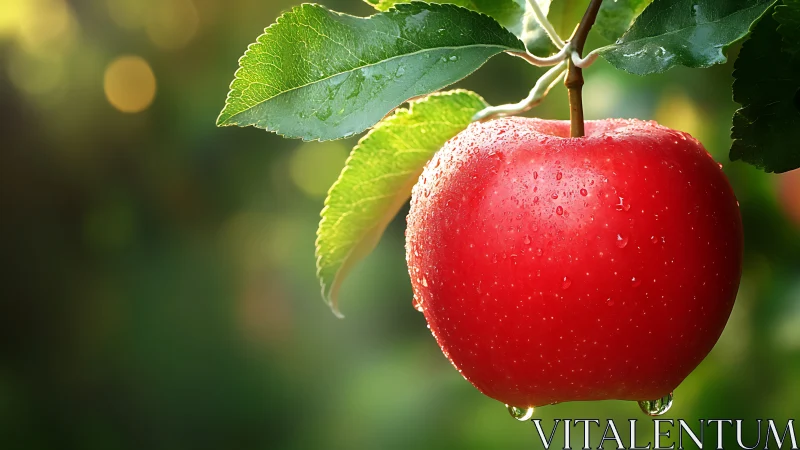 Sunlit dew-kissed apple pausing between orchard and bite.