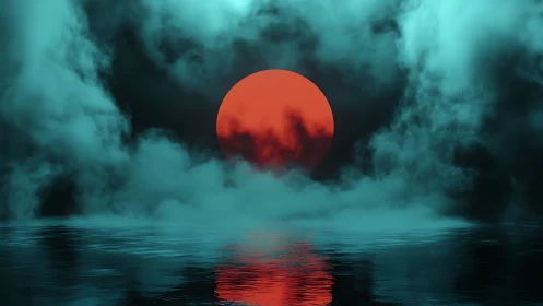 Crimson sun emerging through teal mist over calm water.