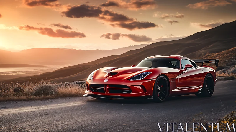 Sunlit red sports car poised on winding mountain highway.