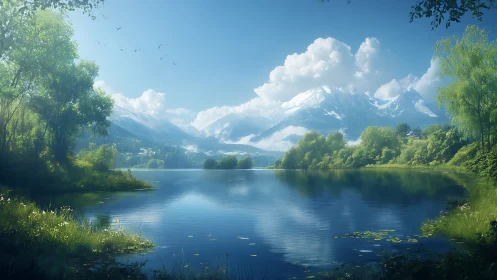 Mountain lake landscape renders crisp aerial perspective gradients