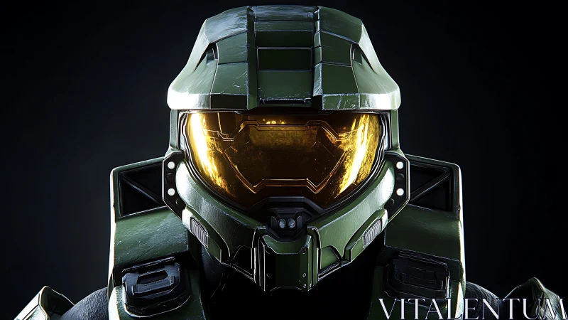 Steadfast sci fi armored hero with glowing golden visor.