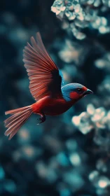 Crimson songbird glides through dreamy teal bokeh forest.