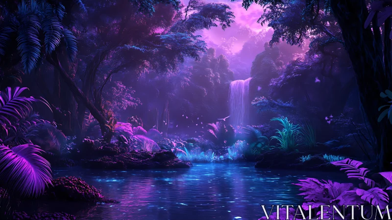 Glowing purple jungle waterfall over tranquil forest lagoon.