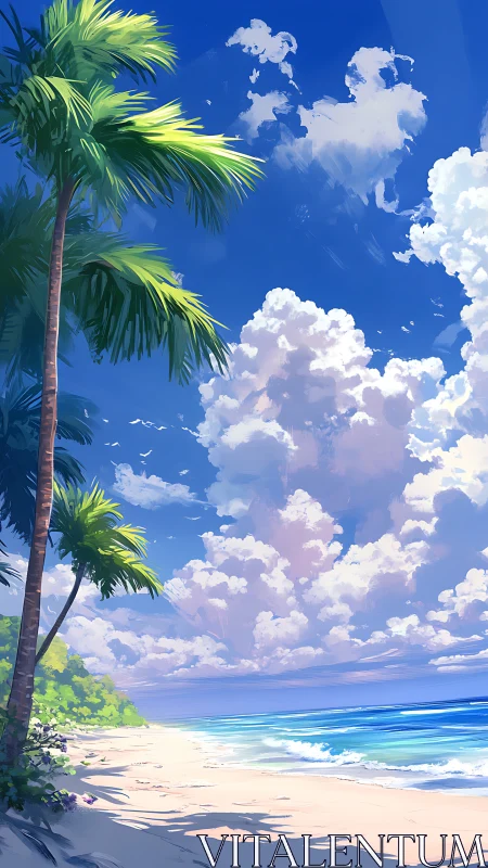 Tropical beach illustration with palm trees and bright clouds.