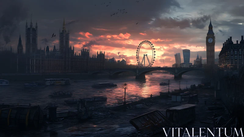 Twilight over a storm-touched London riverfront skyline.