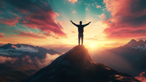 Silhouette on mountain summit under layered sunset sky.