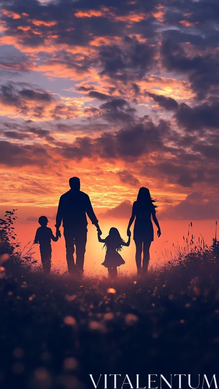 Silhouetted family walking together under vivid sunset sky.
