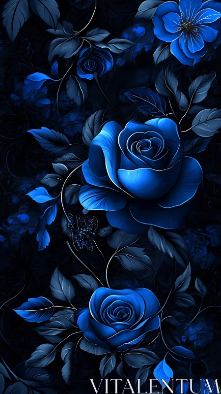 Luminous Blue Roses Against Darkness.
