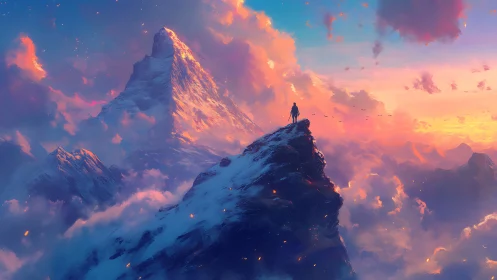 Skyline wanderer crowns a firelit summit at aurora dusk.