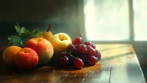 Fresh mixed fruit still life on sunlit wooden table.