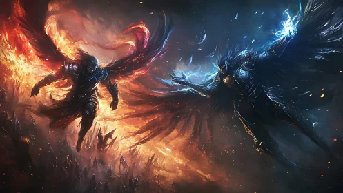 Armored winged warriors clash amid opposing fire and ice