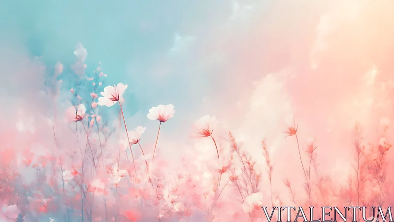 Soft pastel wildflowers stand against a blurred sky backdrop