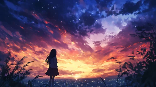 Girl watches blazing anime sunset over twinkling city