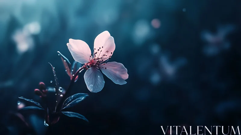 Delicate pale pink blossom with translucent petals illuminated against deep teal bokeh background