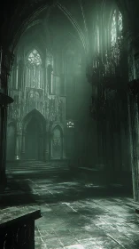 Gothic cathedral interior glows with eerie green light