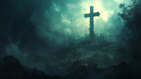 Mossy stone cross rising in misty forest clearing at dawn.