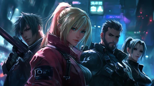 Cyberpunk strike squad holds tense line in neon storm.