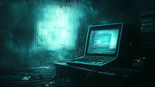 Retro terminal glowing in misty teal cyberpunk workspace.