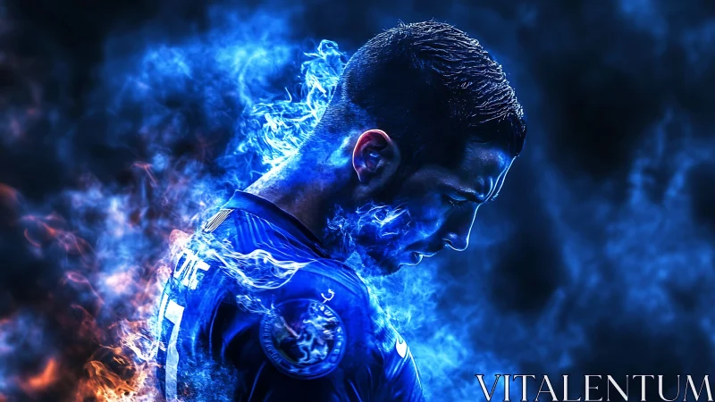 Blue neon football portrait with dynamic smoke energy effects