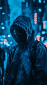 Mysterious hooded figure walks through neon blue city haze