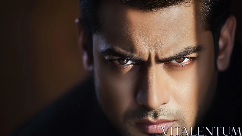 Intense male portrait in tight close-up with dramatic key light