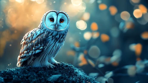 Enchanting Owl Portrait in Dreamy Forest with Soft Bokeh Light.