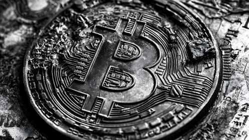 Corroded metallic bitcoin token displays worn circuitry under macro focus