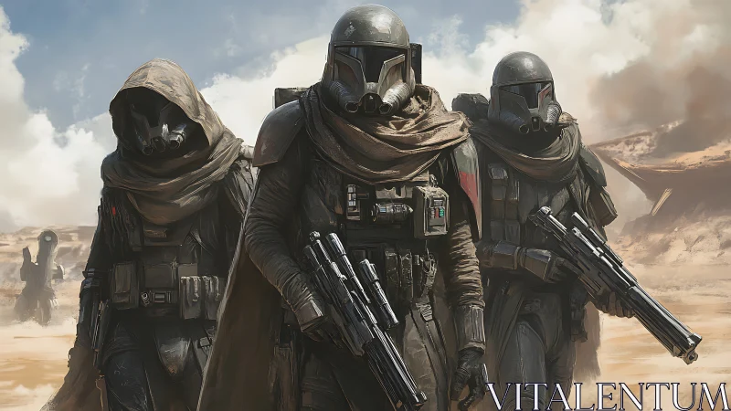 Armored sci fi soldiers advancing across arid desert terrain.