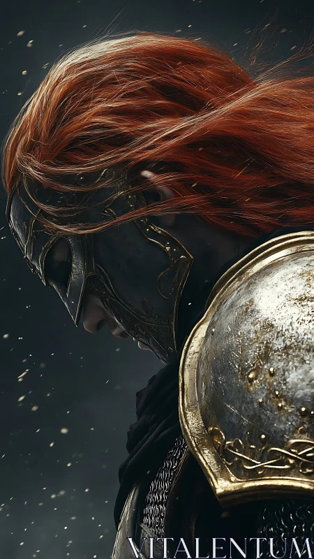 Armored warrior profile with dynamic red hair and gilt steel.