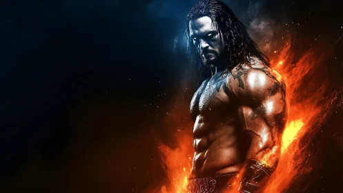 Digital rendering depicts muscular figure amid controlled flames