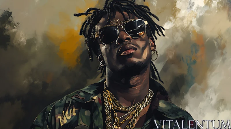 Stylized portrait of cool rapper in reflective shades.