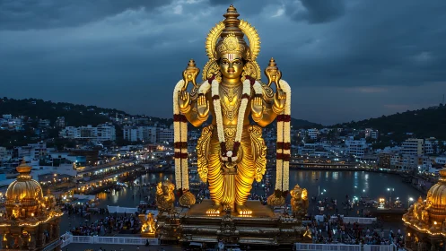 Golden Hindu deity statue glows above lakeside cityscape at dusk.