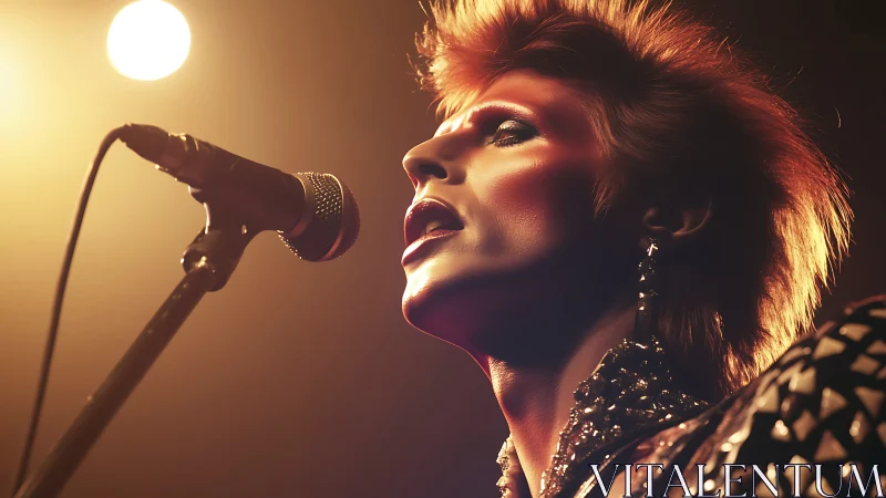 Glam rock singer holds the stage under warm spotlight glow.