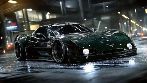 Midnight street predator Corvette hunting neon reflections.