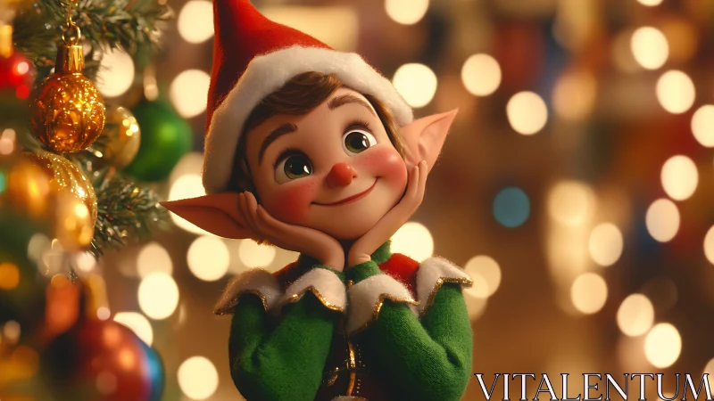 Whimsical 3D Christmas elf portrait beside glowing tree bokeh
