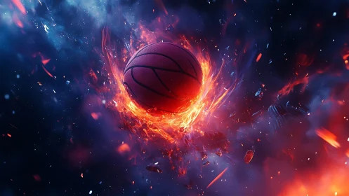 Fiery cosmic basketball exploding through glowing nebula.