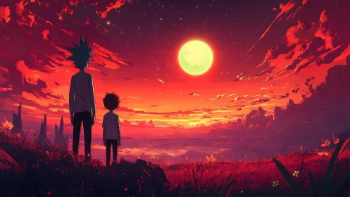 Glowing moon welcomes two quiet silhouettes at sunset edge